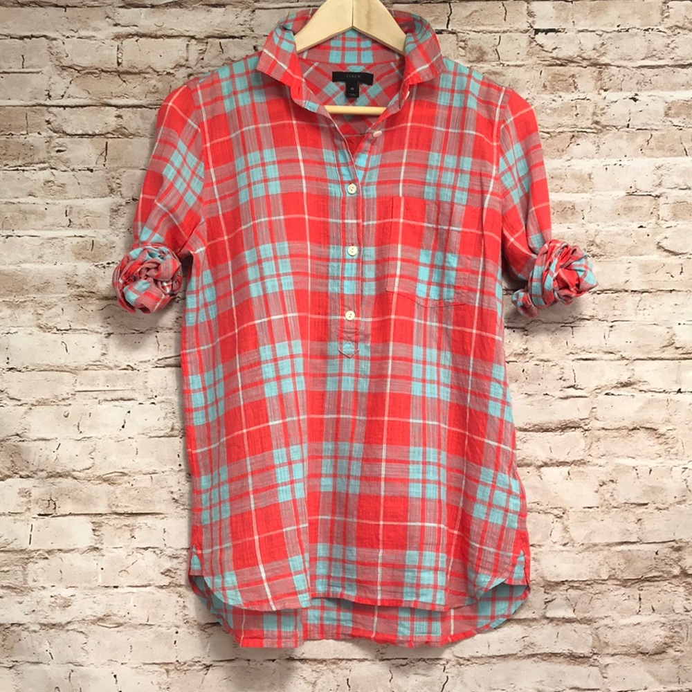 J CREW GAUZE POPOVER IN RED PLAID
